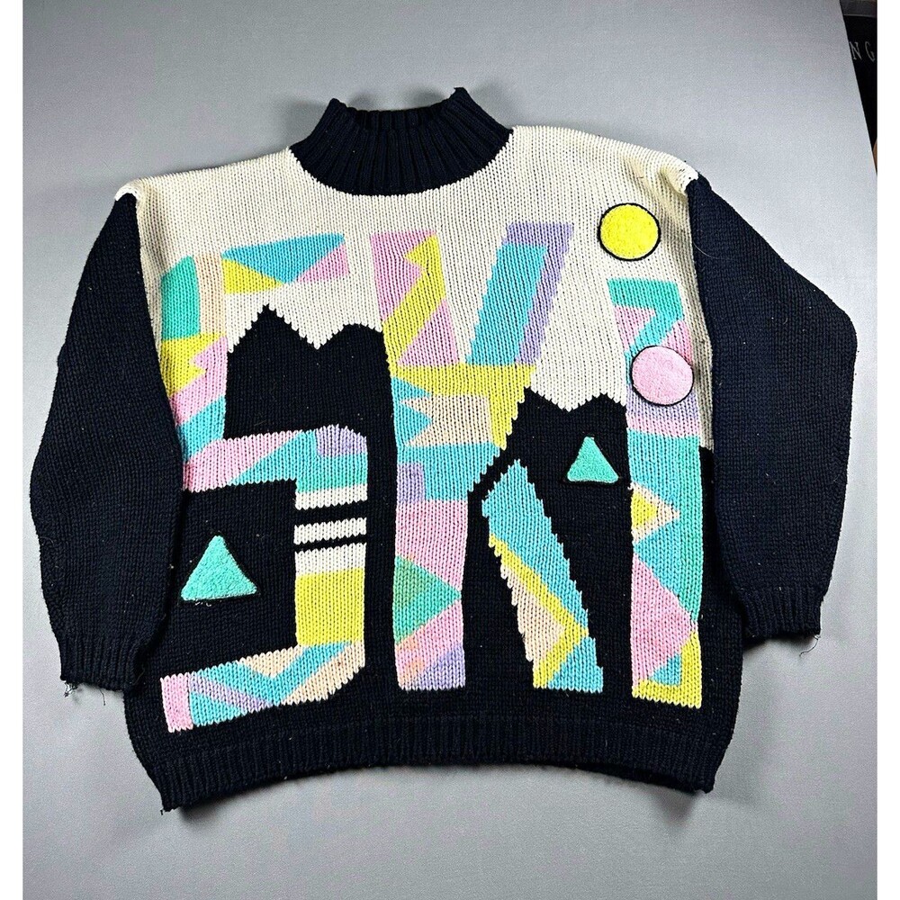 Vintage 80s Currants Jeri-Jo Sweater L Geometric Knit Korea Mock Neck Acrylic